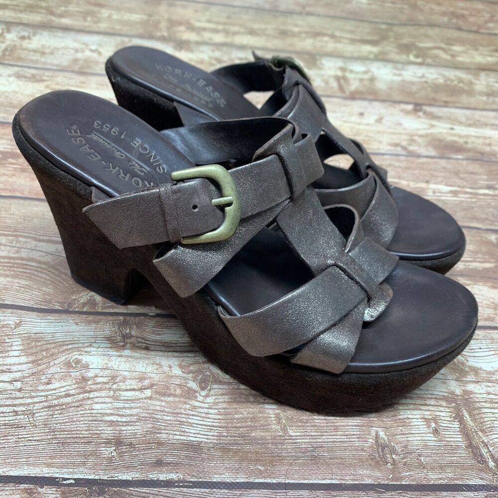 Kork-Ease Womens Platform Heel Wedge Sandals Size 8 EU 39 Leather Brown